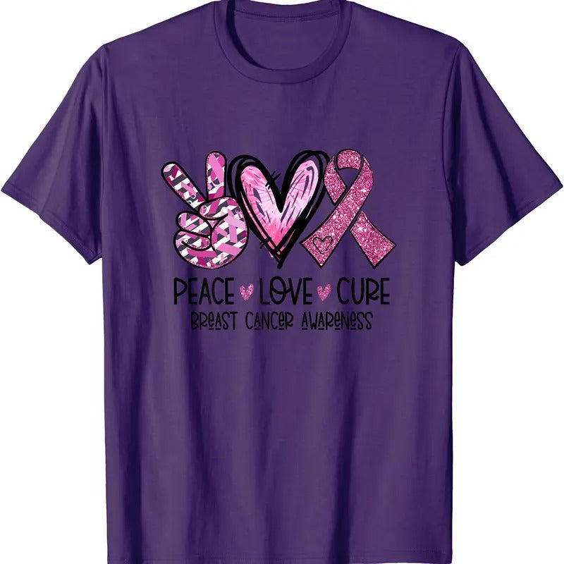 Peace Love Cure Pink Ribbon Cancer Breast Awareness T-Shirt | Unisex Cotton Tee, Short Sleeve, Size S-5XL Hoodie, Sweatshirt
