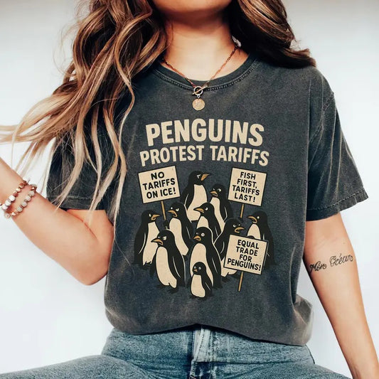 Penguins Protest Tariffs Shirt, Funny Tariffs Shirt, Funny Penguin Graphic Tee, Political Satire T-shirt