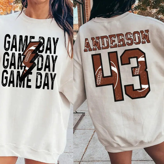 Personalized Football Mom Sweatshirt, Custom Game Day Football Tee, Child Name & Number Football Game Season Shirt,...