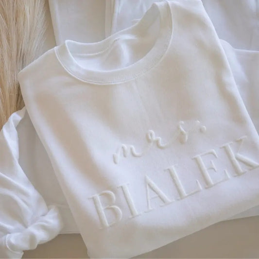 Personalized Mrs Sweatshirt, Custom Wedding Gift, Anniversary Gift for Her, Mrs Neckline Embossed Sweater, Wedding Date...