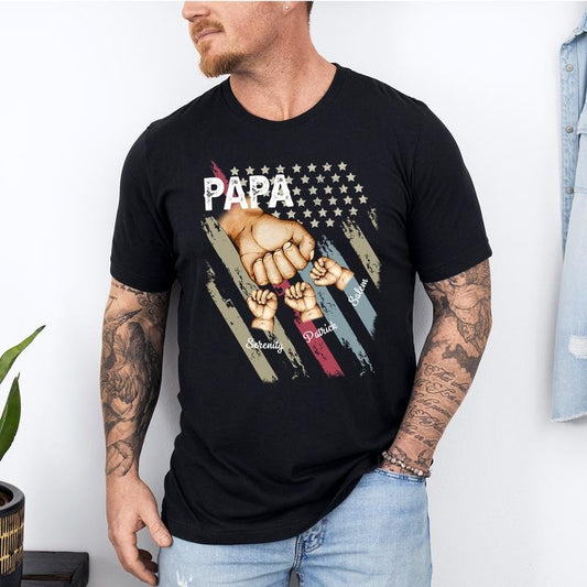 Personalized Papa Grandpa Shirt With Grandkids name Hands Flag T-Shirt,Custom Dad Raised Fist Bump Shirt, Custo Grandpa...