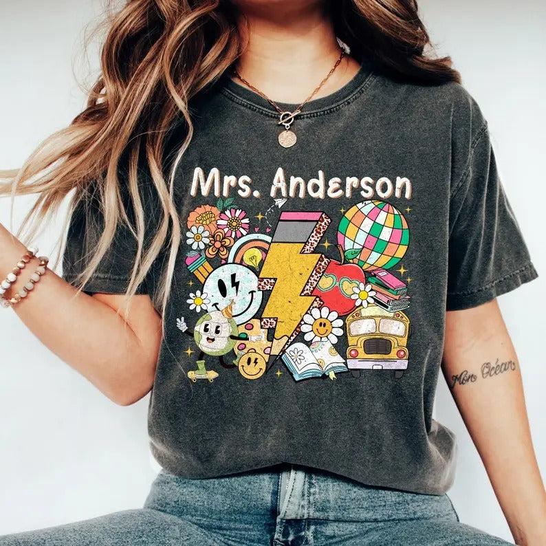 Personalized Retro Teacher Name Shirt, Kindergarten Teacher T-Shirt, Gift For Teacher, Teacher Appreciation Gifts, Back...