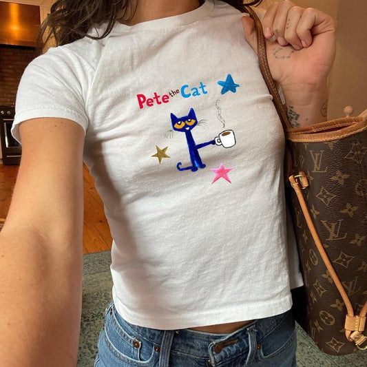 Pete the Cat Cool Cat Baby Tee, Pete the Cat Drinking Coffee, Children's Nostalgia Merch, Trendy Baby Tee, Coquette...