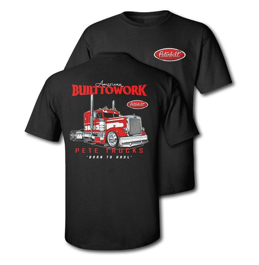 Peterbilt "Built To Work - Born To Haul" American Patriot Truck T-Shirt, Engine Design Comfortable Crewneck Unisex Top Made in USA Biker Casual Cotton Menswear Streetwear Apparel Hoodie Polyester Sweatshirt