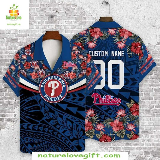 Philadelphia Phillies Hawaiian Shirt Custom Name Number Navy Floral MLB
