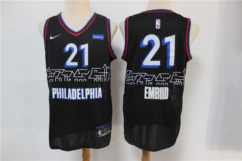 Philadelphia 76ers #21 Joel Embiid 76 21 # 2021 New Black City Edition Jersey -- With Logo