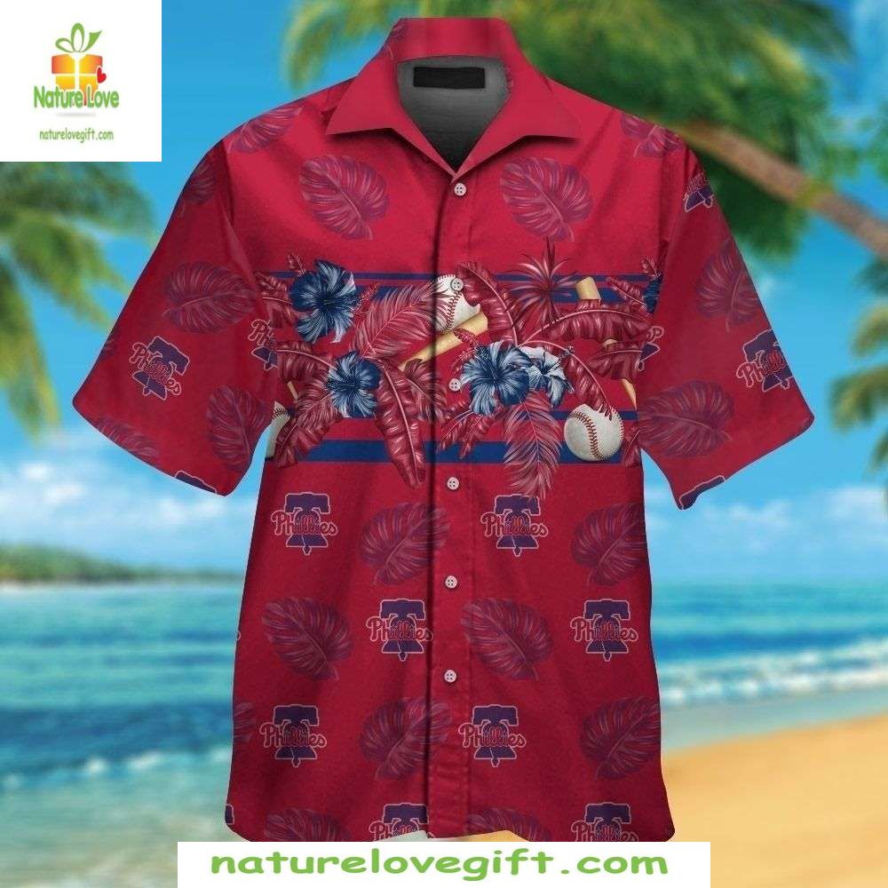 MLB Phillies Hawaiian Shirt Red Tropical Leaves Aloha Baseball Apparel