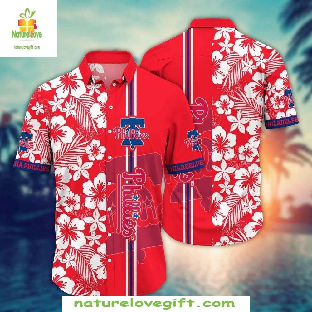 MLB Phillies Hawaiian Shirt Floral Red White Baseball Aloha Apparel