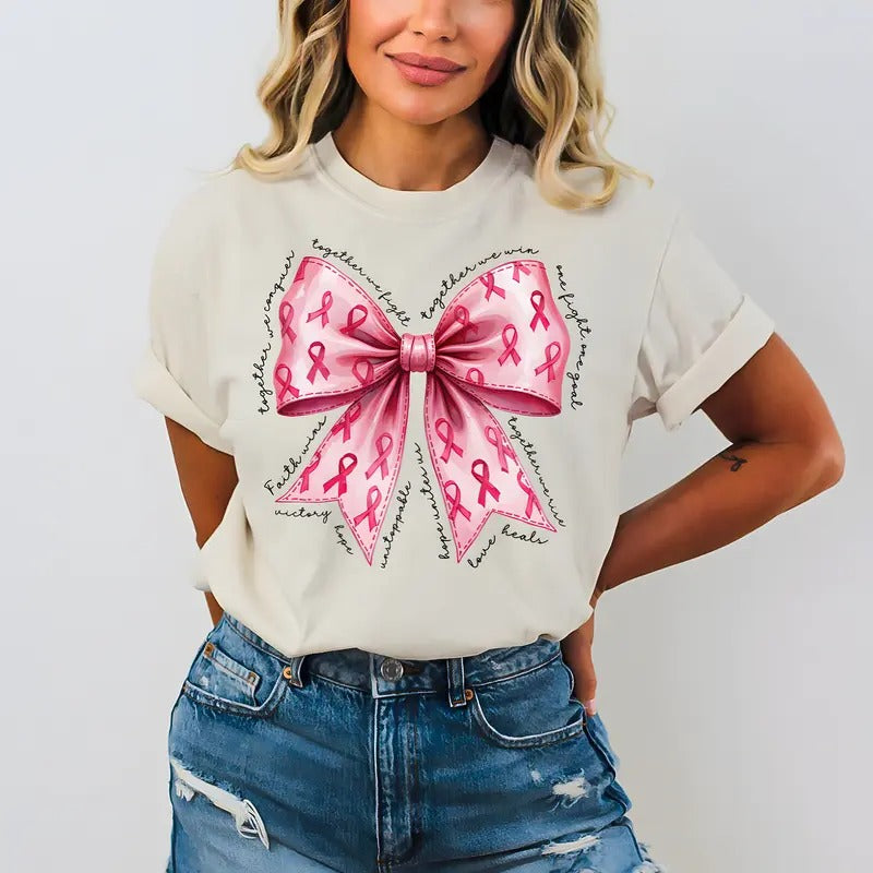 Pink Bow Breast Cancer Tshirt, Breast Cancer Ribbon Pink Sweatshirt Cotton Crewneck Hoodie | InkThreadWorks.com