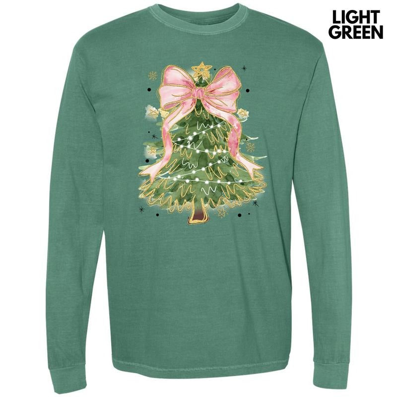 Pink Bow Christmas Tree Long Sleeve Comfort Colors T-Shirt 'NLB' Hoodie, Sweatshirt | InkThreadWorks.com