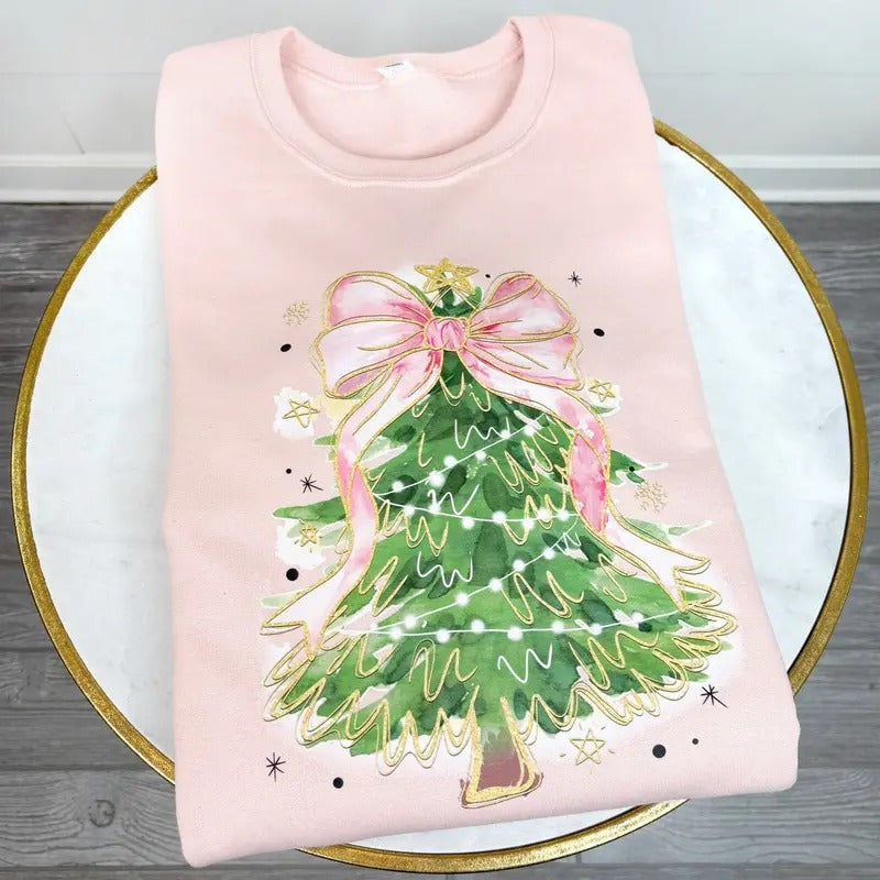 Pink Bow Christmas Tree Sweatshirt 'NLB' T-Shirts, Hoodie | InkThreadWorks.com