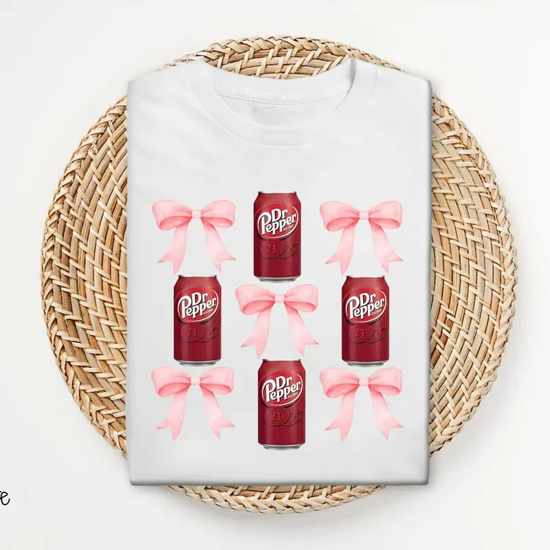 Pink Bow Coquette Dr Pepper Sweatshirt, Cute Pink Soda Drink Shirt, Dr.Pepper T-Shirt, Aesthetic Girly Tee, Pink Bow...