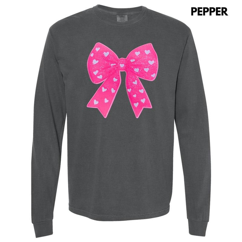 Pink Bow Sequin Patch Long Sleeve Comfort Colors T-Shirt Hoodie, Sweatshirt | InkThreadWorks.com