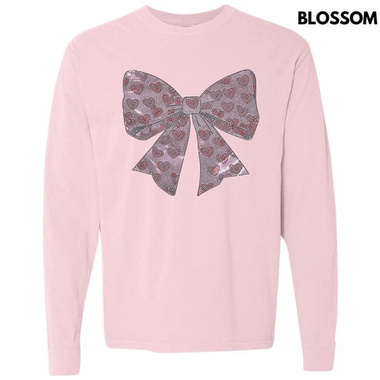 Pink Bow With Hearts SPANGLE Long Sleeve Comfort Colors T-Shirt Hoodie, Sweatshirt | InkThreadWorks.com