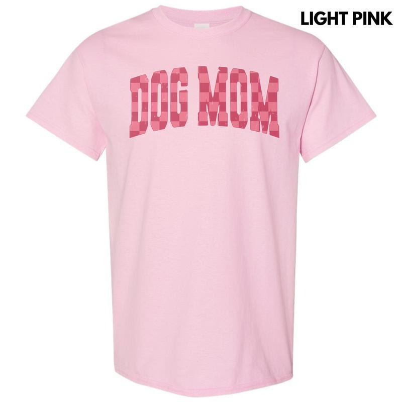 Pink Checker Dog Mom Gildan Short Sleeve T-Shirt Hoodie, Sweatshirt | InkThreadWorks.com