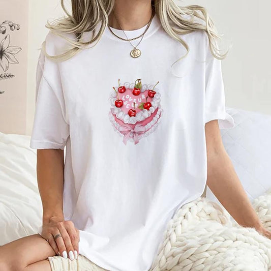 Pink Cherry Cake Vintage Tee, Coquette Cherry Cake Vintage Graphic Tee Women, Pink Coquette Unhinged Shirts For Women, Shirts For Girls, Women Outfit, Gifts For Her, Women's Tops, Womenswear, Cotton Fabric Relaxed Fit Chic Style