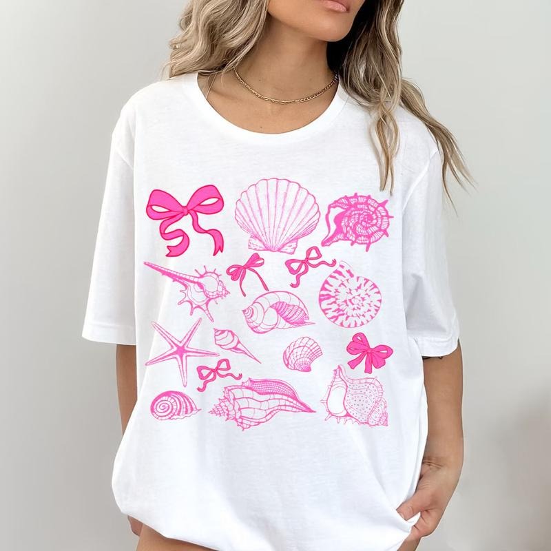 Pink Coquette Seashell Beach Tee, Coastal Retro Summer Shirt, Summer Vibes Girls Trip Gift for Her Hoodie, Sweatshirt