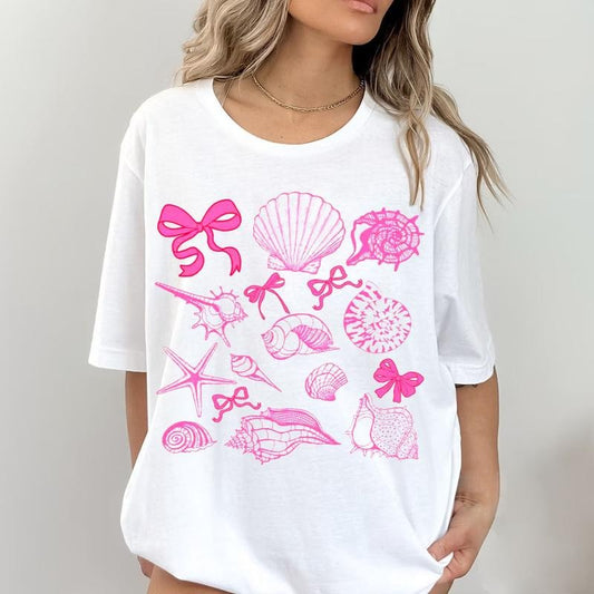 Pink Coquette Seashell Beach Tee, Coastal Retro Summer Shirt, Summer Vibes Girls Trip Gift for Her Hoodie, Sweatshirt