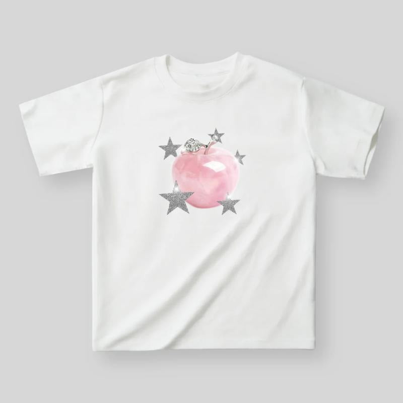 Pink Crystal Apple Star Print Graphic Tee, Vintage Graphic Tee, Y2k Clothing, Unisex Cotton Crewneck T-Shirt - Medium, Short Sleeve, Casual Streetwear Printed Tee