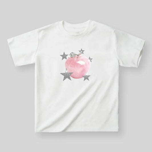 Pink Crystal Apple Star Print Graphic Tee, Vintage Graphic Tee, Y2k Clothing, Unisex Cotton Crewneck T-Shirt - Medium, Short Sleeve, Casual Streetwear Printed Tee