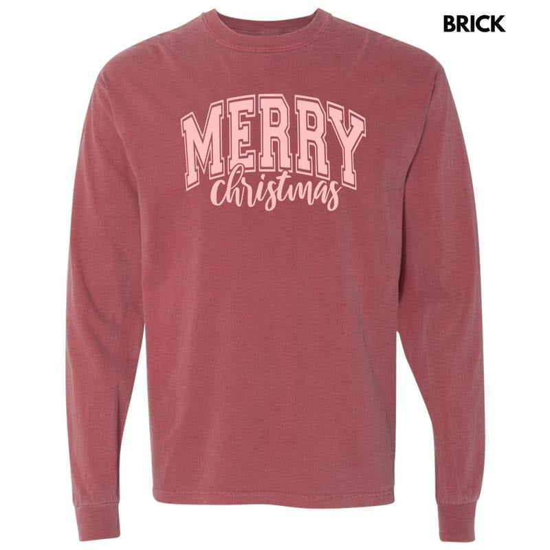 Pink Cursive Varsity Merry Christmas Long Sleeve Comfort Colors T-Shirt 'NLB' Hoodie, Sweatshirt | InkThreadWorks.com