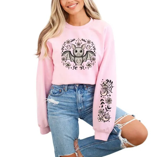 Pink Cute Bat Halloween Sweatshirt - Full Sleeve Detailed Graphics | Retro Vibes & Adorable Design | Comfy & Stylish for Halloween | Multiple Styles & Sizes Up to 4X | Perfect for Cozy Fall Nights | Cute & Spooky Bat Design with Full Sleeve Retro Art