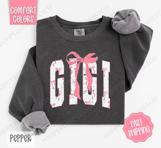 Pink GiGi Bow Comfort Colors Sweatshirt, Women's Crewneck, Cute Women's Sweater T-Shirts, Hoodie | InkThreadWorks.com