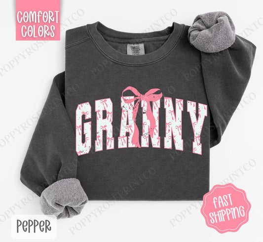 Pink Granny Bow Comfort Colors Sweatshirt, Women's Crewneck, Cute Women's Sweater T-Shirts, Hoodie | InkThreadWorks.com