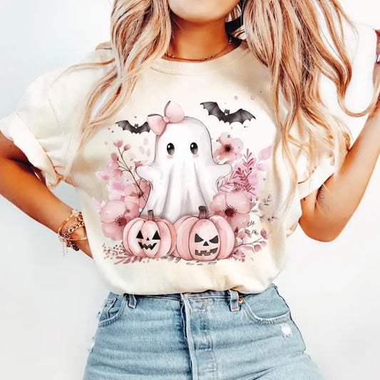 Pink Halloween Shirt, Spooky Ghost, Autumn Boo Ghost Shirt, Fall Shirt, Pumpkins, Leaves Shirt, Coquette Pink Ghouls...