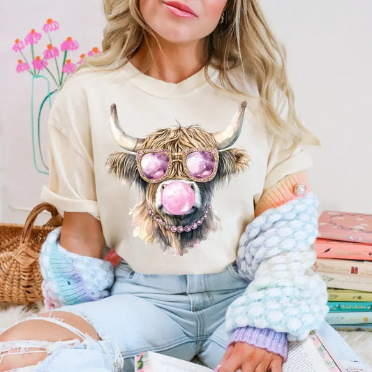 Pink Highland Cow Blowing Bubble DTF Transfers - THIS IS NOT A SHIRT Hoodie, Sweatshirt | InkThreadWorks.com