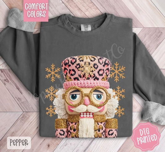 Pink Leopard Nutcracker Comfort Colors Sweatshirt, Trendy Women's Christmas Crewneck T-Shirts, Hoodie | InkThreadWorks.com