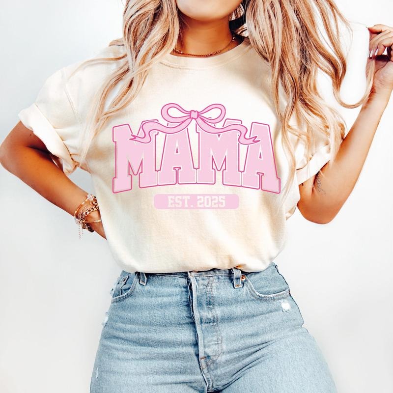 Pink Mama Est 2025 Coquette T-Shirt, Mama T-Shirt, Mothers Day T-Shirt, Mama Varsity T-Shirt, Gift for Mom, Mother, Mama Shirt New Mama T-Shirt