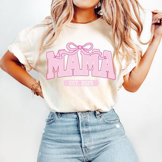 Pink Mama Est 2025 Coquette T-Shirt, Mama T-Shirt, Mothers Day T-Shirt, Mama Varsity T-Shirt, Gift for Mom, Mother, Mama Shirt New Mama T-Shirt