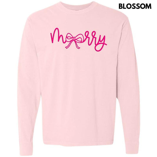 Pink Merry Bow PUFF Long Sleeve Comfort Colors T-Shirt Hoodie, Sweatshirt | InkThreadWorks.com