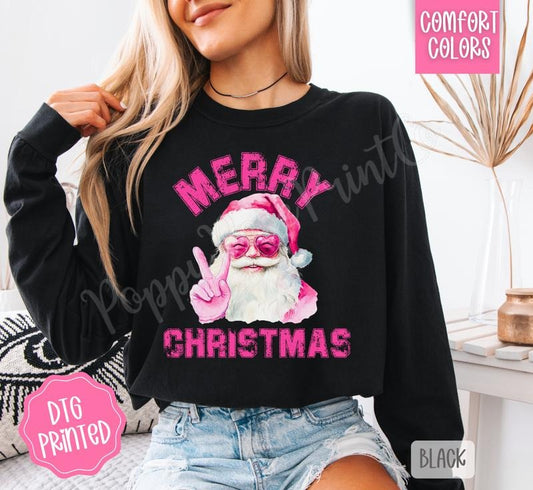 Pink Merry Christmas Santa Comfort Colors Long Sleeve T-Shirt, Cute Women's Holiday Tee Hoodie, Sweatshirt