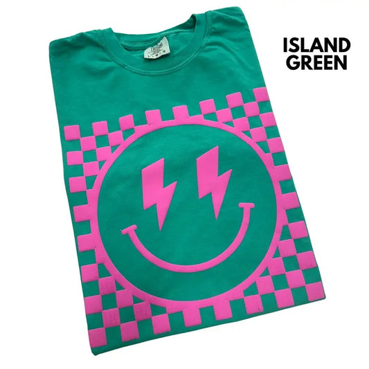 Pink Puff Checkered Happy Face Comfort Colors T-Shirt Hoodie, Sweatshirt | InkThreadWorks.com