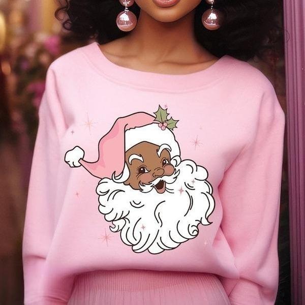 Pink Retro Black Santa Sweatshirt, Merry Christmas, Melanin Santa Cozy Sweater, Black Girl Magic, Black Women Shirt Hoodie