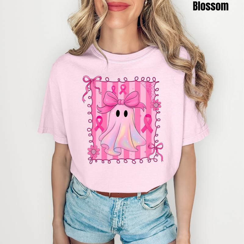 Pink Ribbon Stripe Ghost Comfort Colors T-Shirt 'NLB' Hoodie, Sweatshirt | InkThreadWorks.com