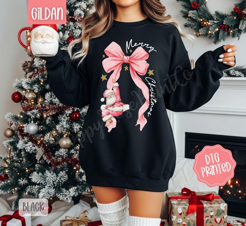 Pink Santa Bow Sweatshirt, Trendy Women's Christmas Crewneck T-Shirts, Hoodie | InkThreadWorks.com