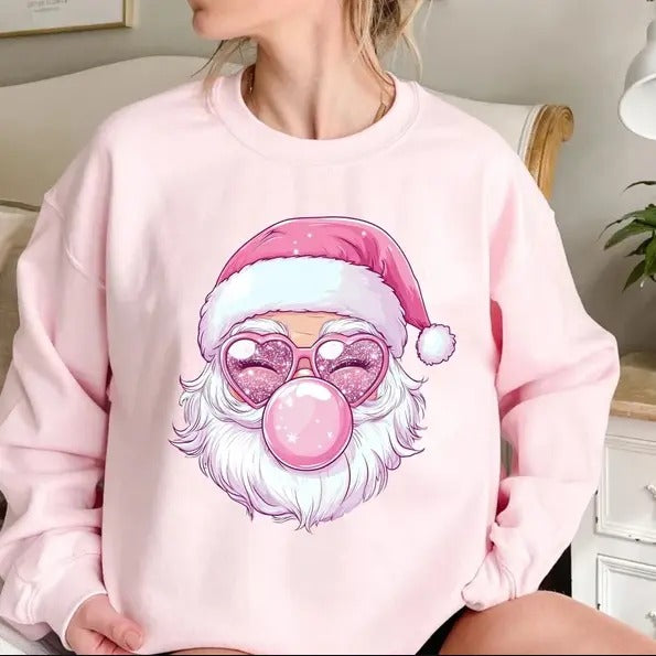 Pink Santa Claus Sweatshirt, Christmas Sweatshirt, Vintage Santa Bubble Gum T-Shirts, Hoodie | InkThreadWorks.com
