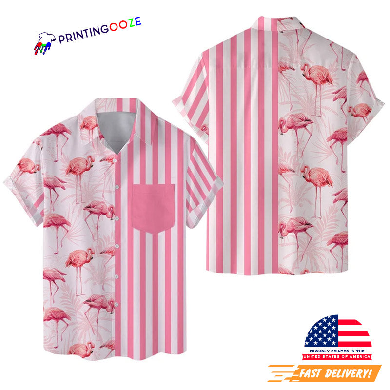 Pink Stripe Pattern Flamingo Hawaiian Shirt