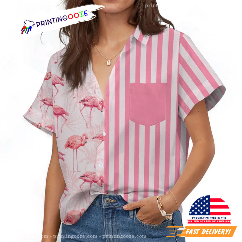 Pink Stripe Pattern Flamingo Hawaiian Shirt