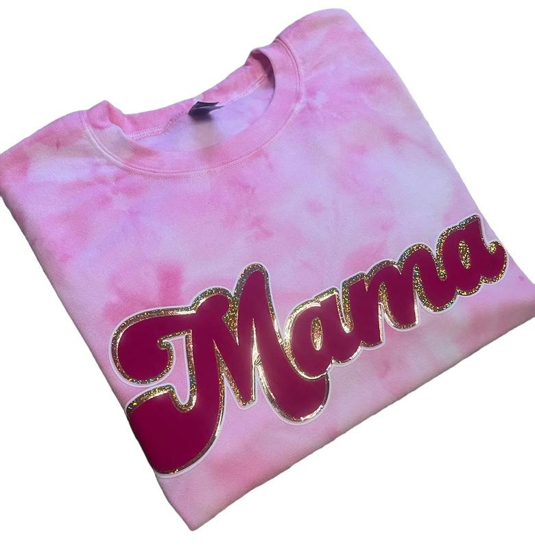 Pink Tie Dye Mama Crewneck Sweatshirt Womenswear Comfortable Casual T-Shirts, Hoodie | InkThreadWorks.com