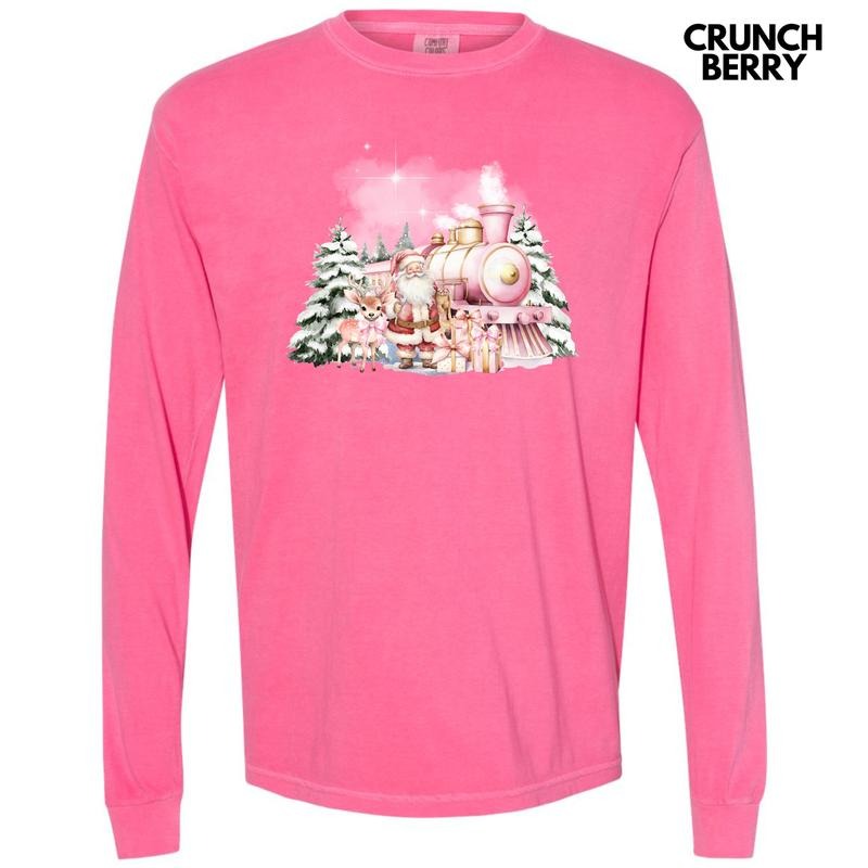 Pink Train & Santa Holiday Long Sleeve Comfort Colors T-Shirt 'NLB' Hoodie, Sweatshirt | InkThreadWorks.com
