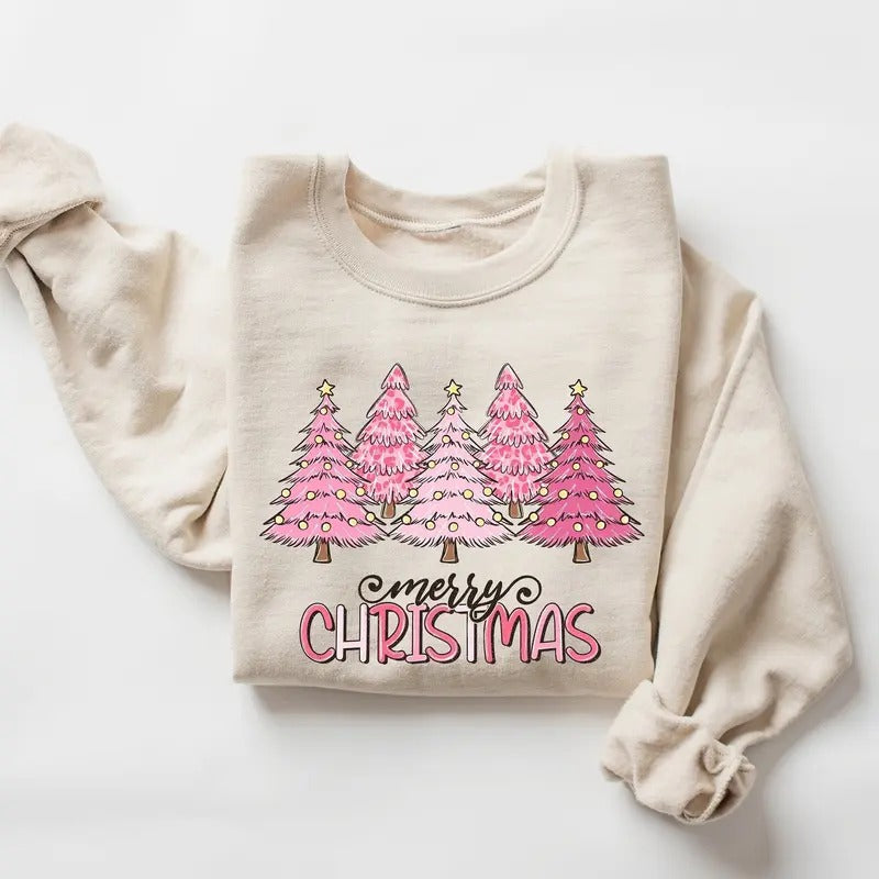 Pink Tree Christmas Sweater, Christmas Sweater, Christmas Crewneck, Christmas Tree Sweatshirt, Holiday Sweaters for...