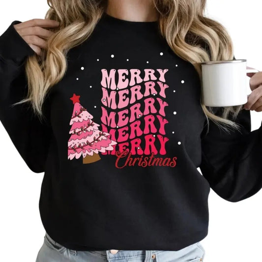Pink Tree Merry Christmas Sweatshirt, Christmas Tree shirt, Holiday T-shirt for Women, Winter Sweatshirt, Christmas...