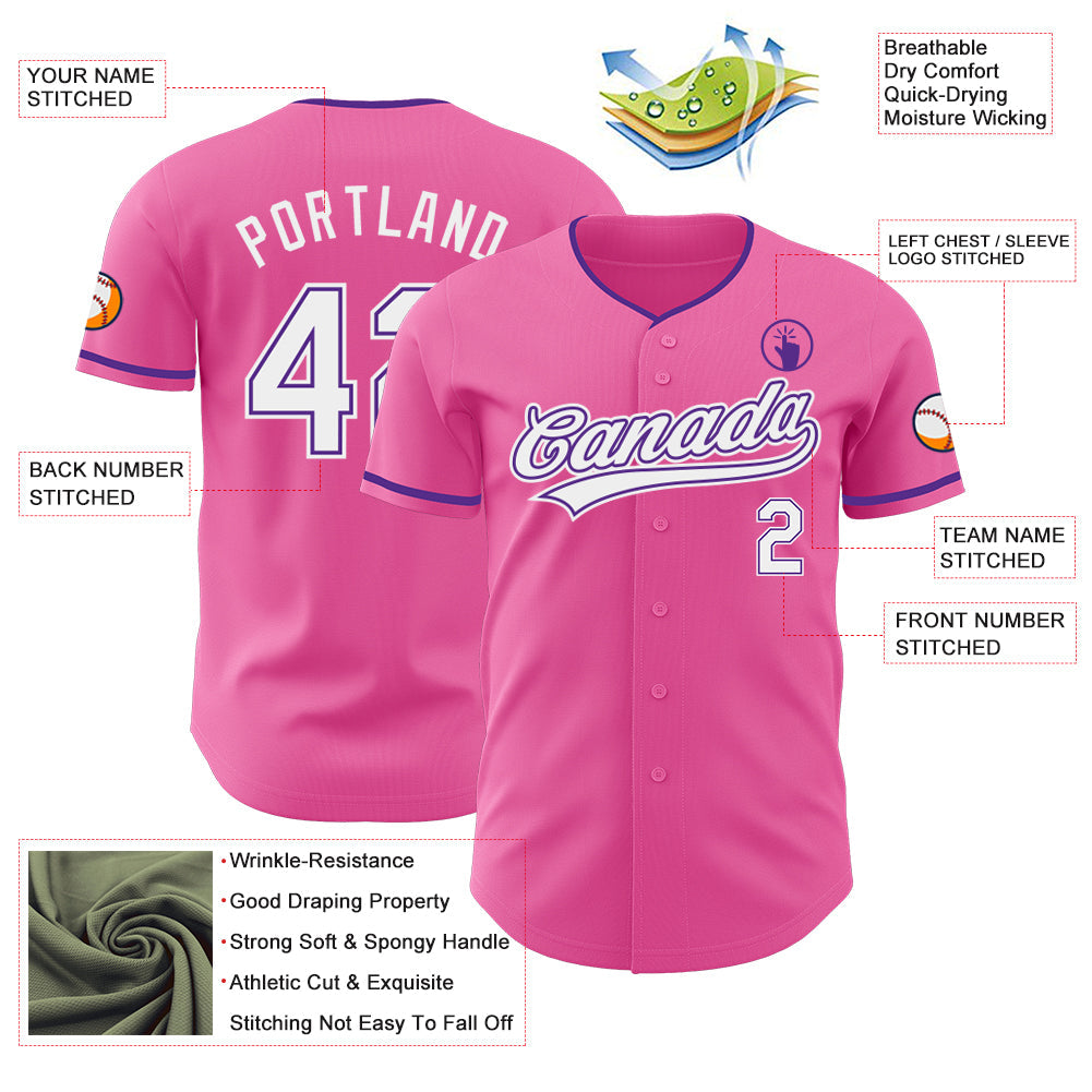 Custom Pink White-Purple Authentic Baseball Jersey