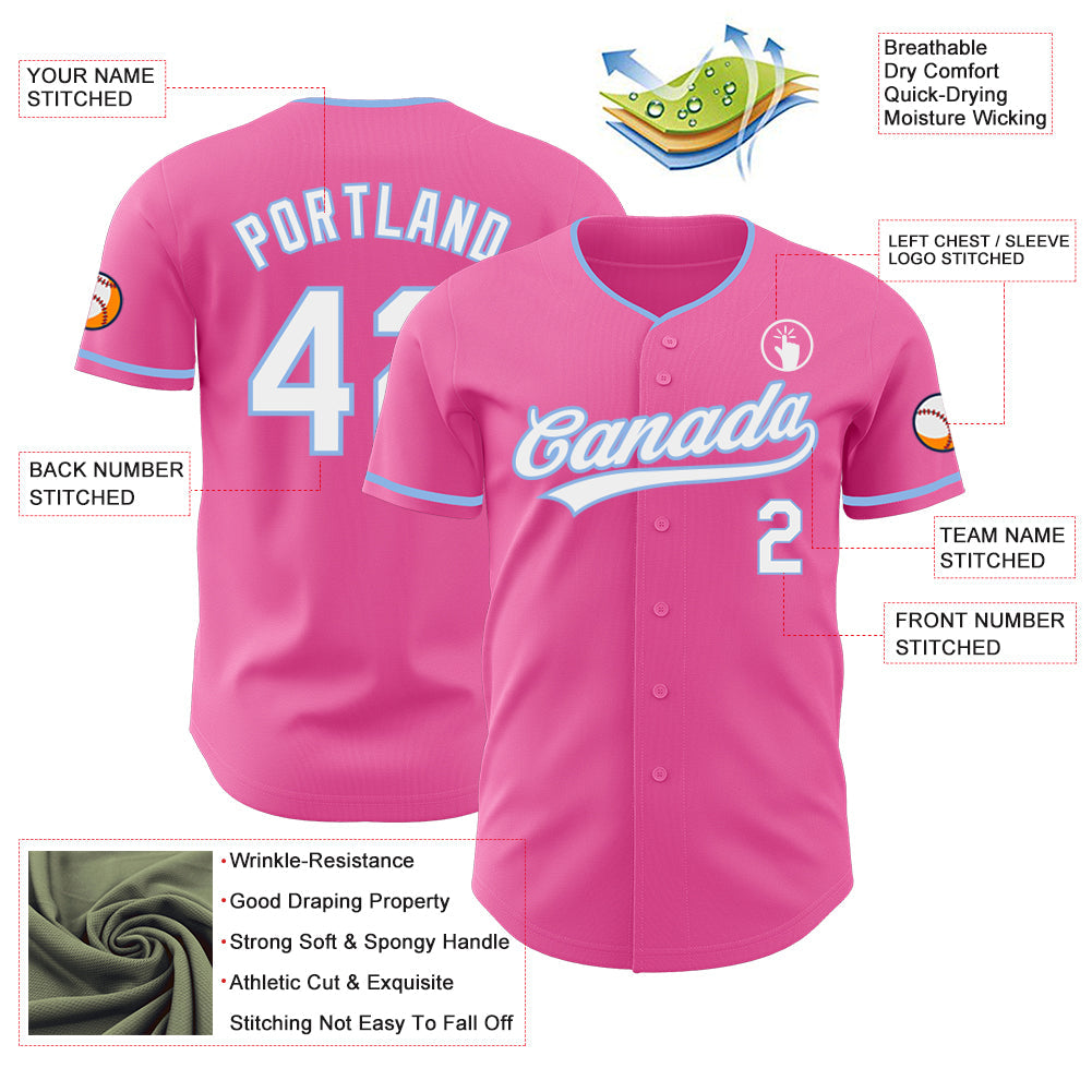 Custom Pink White-Light Blue Authentic Baseball Jersey