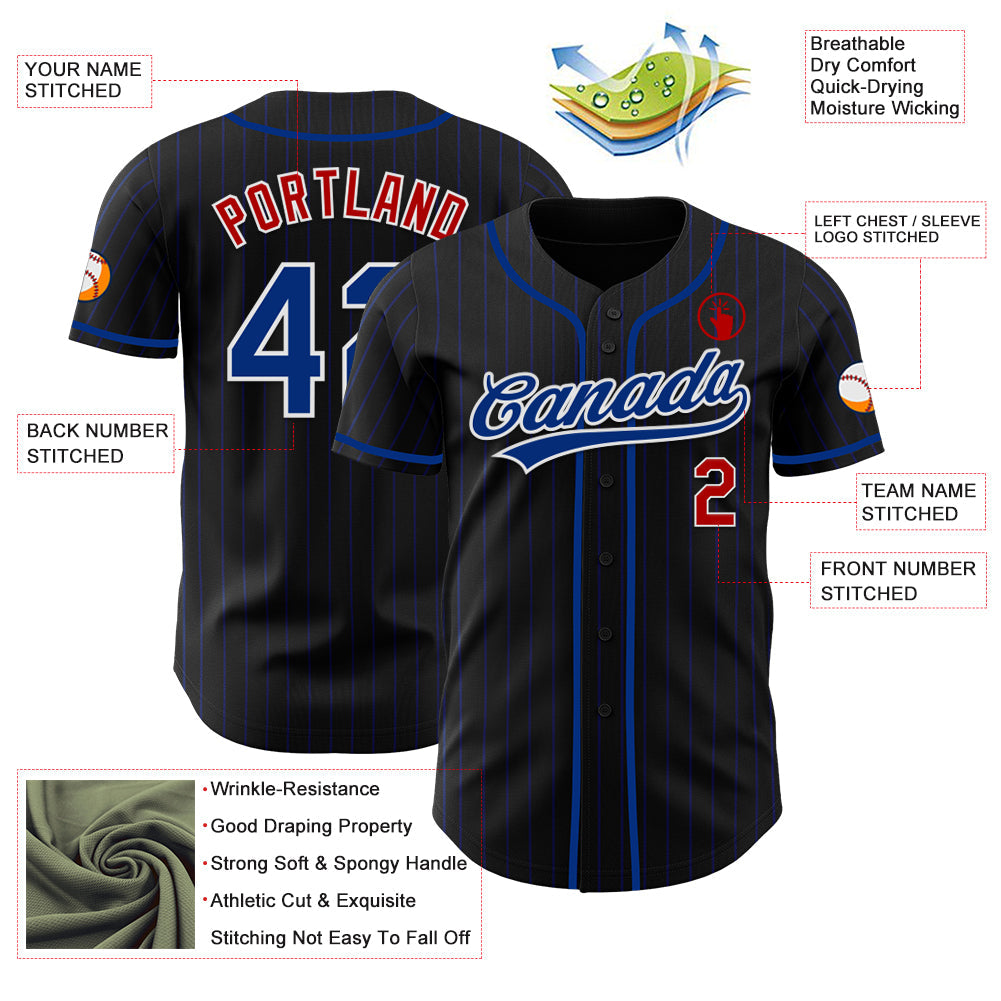 Custom Black Royal Pinstripe Royal Red-White Authentic Baseball Jersey