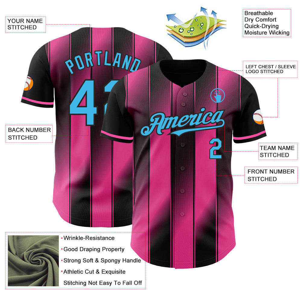 Custom Black Sky Blue-Pink Gradient Classic Vertical Stripe Authentic Baseball Jersey